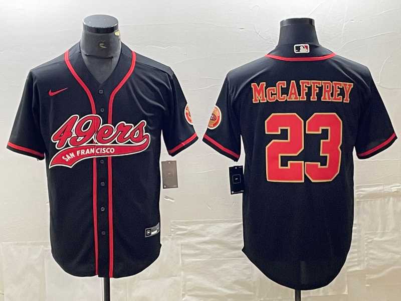 Men%27s San Francisco 49ers #23 Christian McCaffrey Black Red With Patch Cool Base Stitched Baseball Jersey